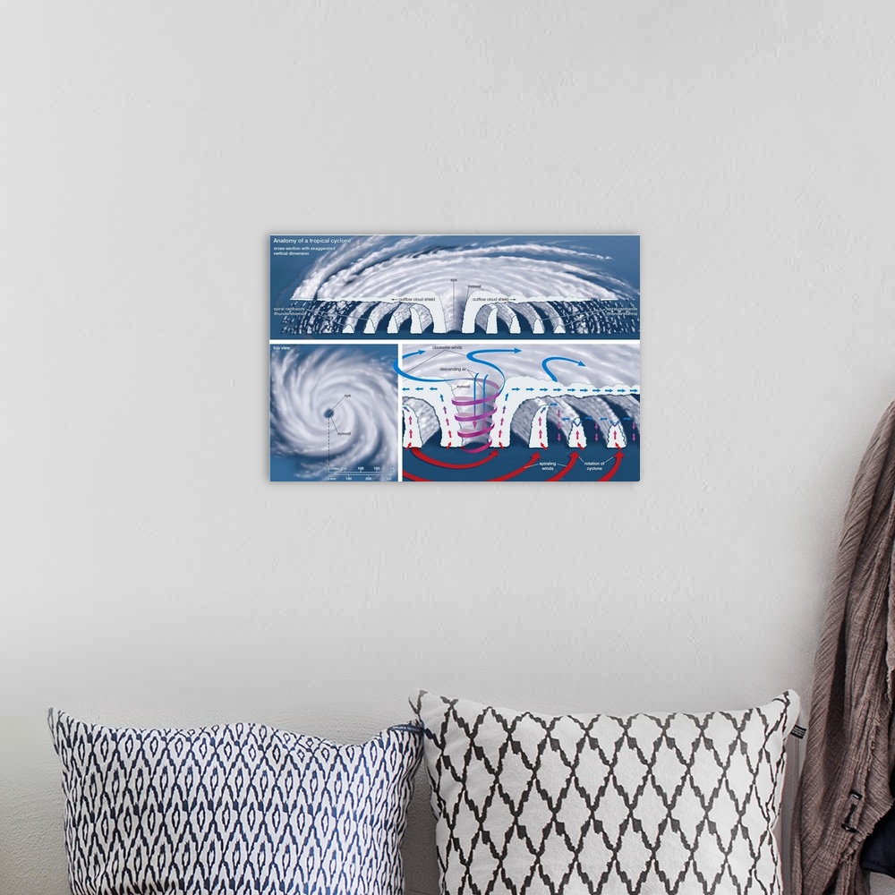 A bohemian room featuring Educational illustration of a Tropical Cyclone.