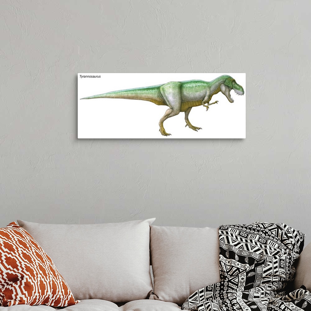 A bohemian room featuring An illustration from Encyclopaedia Britannica of the dinosaur Tyrannosaurus