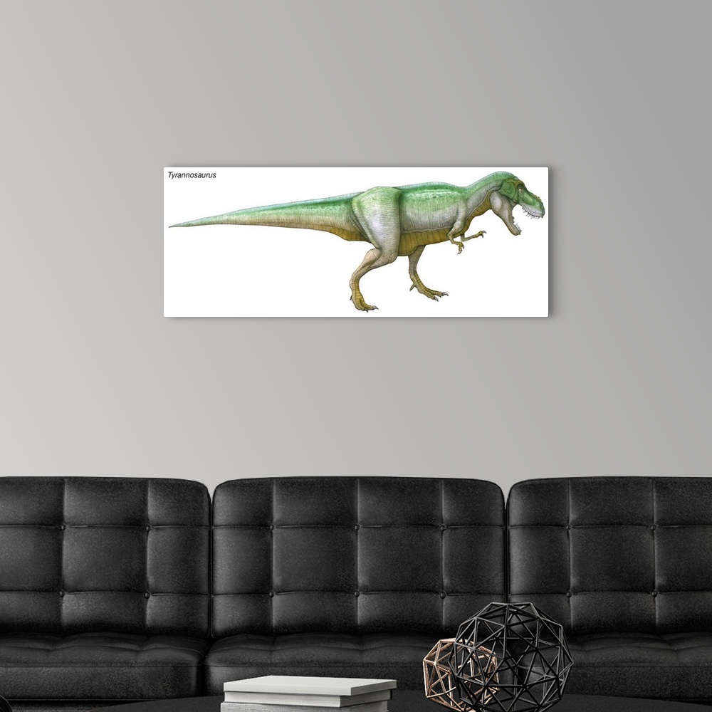 A modern room featuring An illustration from Encyclopaedia Britannica of the dinosaur Tyrannosaurus