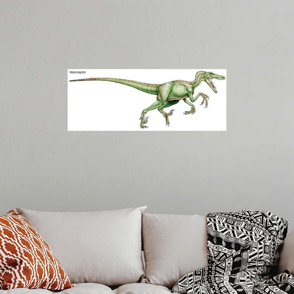 A bohemian room featuring An illustration from Encyclopaedia Britannica of the dinosaur Velociraptor.