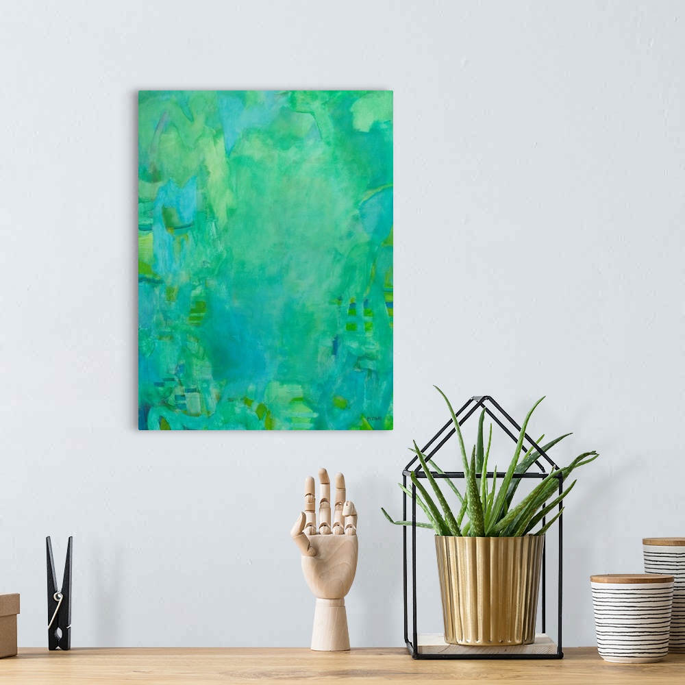 A bohemian room featuring Fluid like aqua and greens woven together in this monochromatic abstract painting.