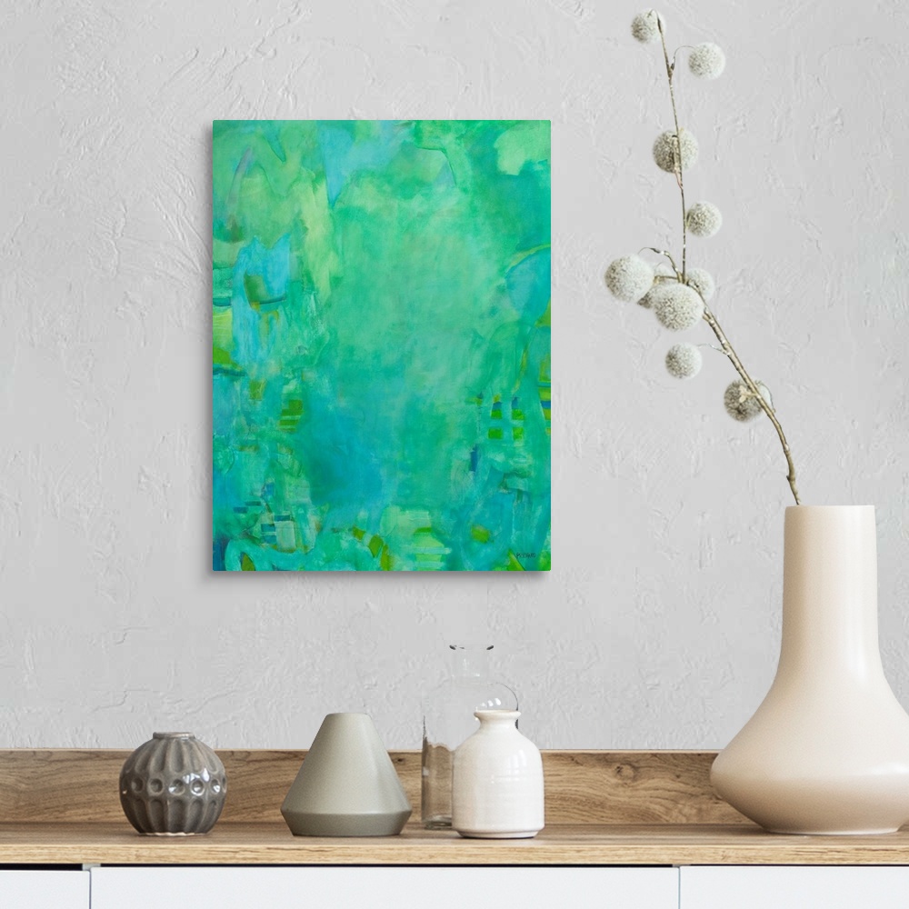 A farmhouse room featuring Fluid like aqua and greens woven together in this monochromatic abstract painting.