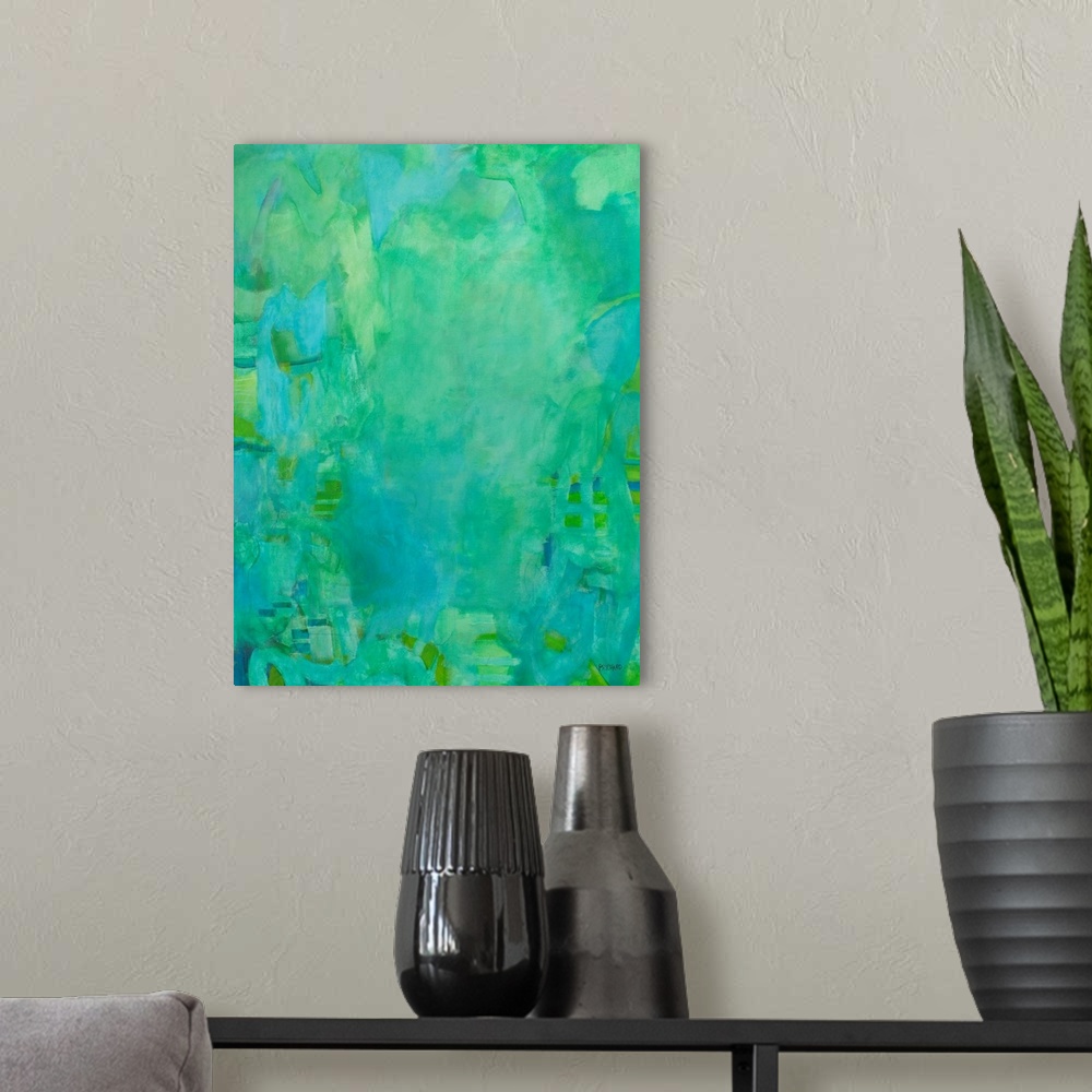 A modern room featuring Fluid like aqua and greens woven together in this monochromatic abstract painting.