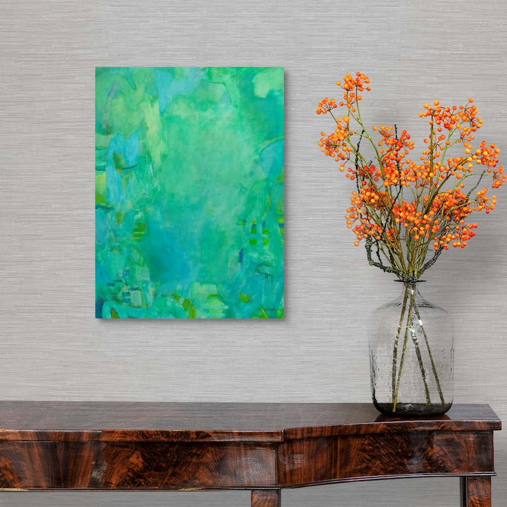 A traditional room featuring Fluid like aqua and greens woven together in this monochromatic abstract painting.