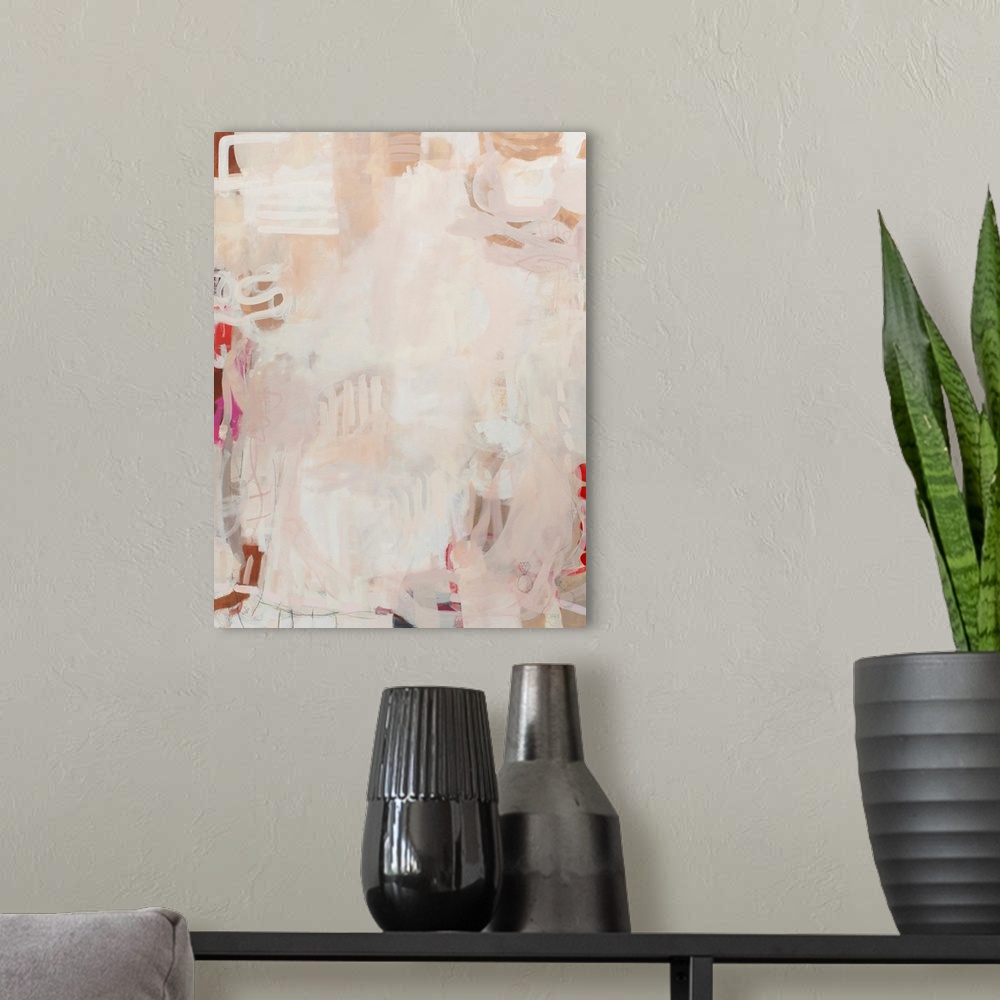 A modern room featuring Shabby chic, pale pink, muave and neutral toned abstract painting.