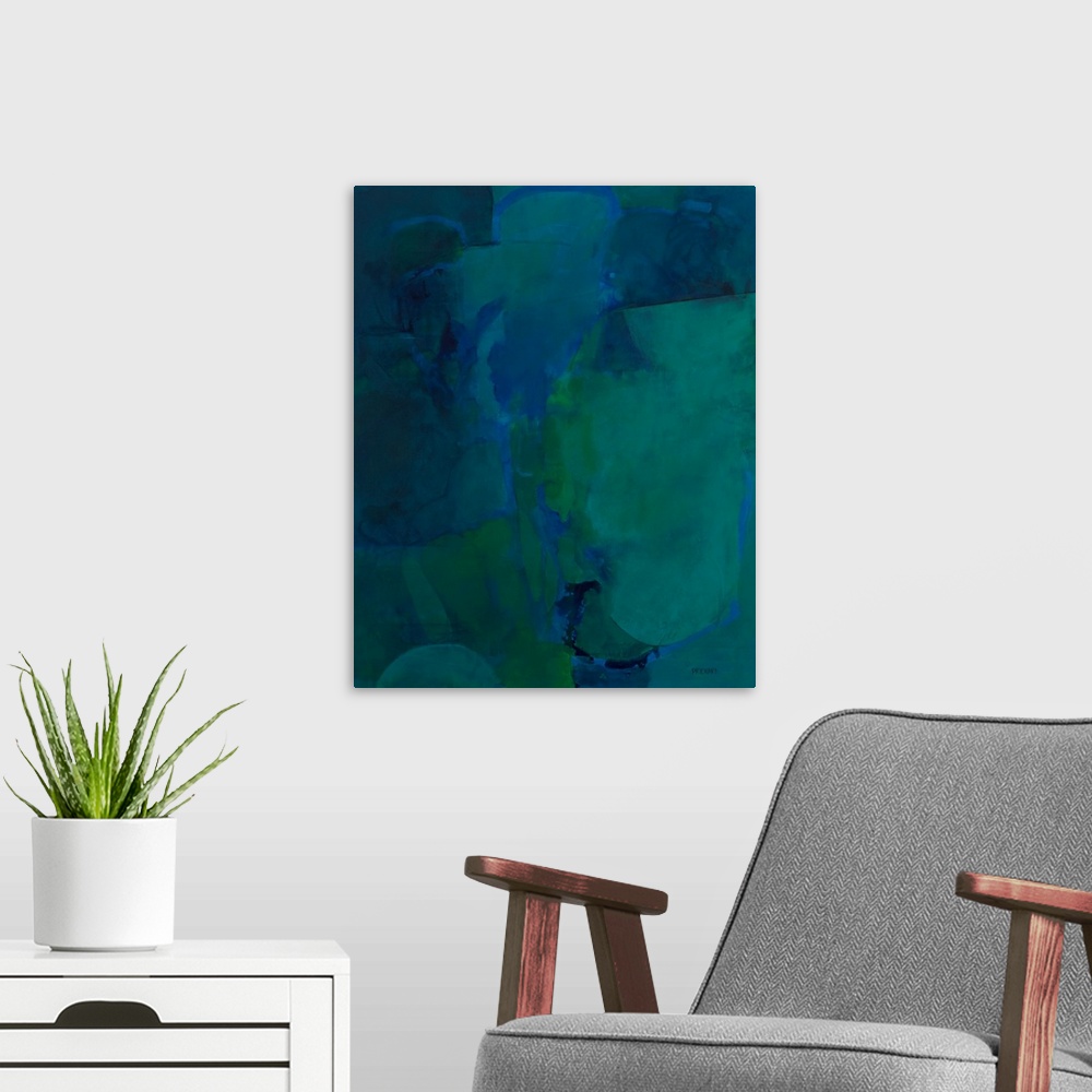 A modern room featuring Dreamy, almost liquid, blues and greens. Very deep tones and vibrancy.