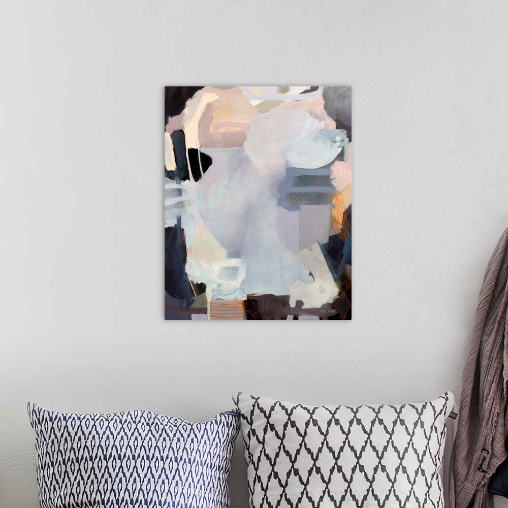 A bohemian room featuring Soft, muted lavender and pink create a geometric abstract arrangement.