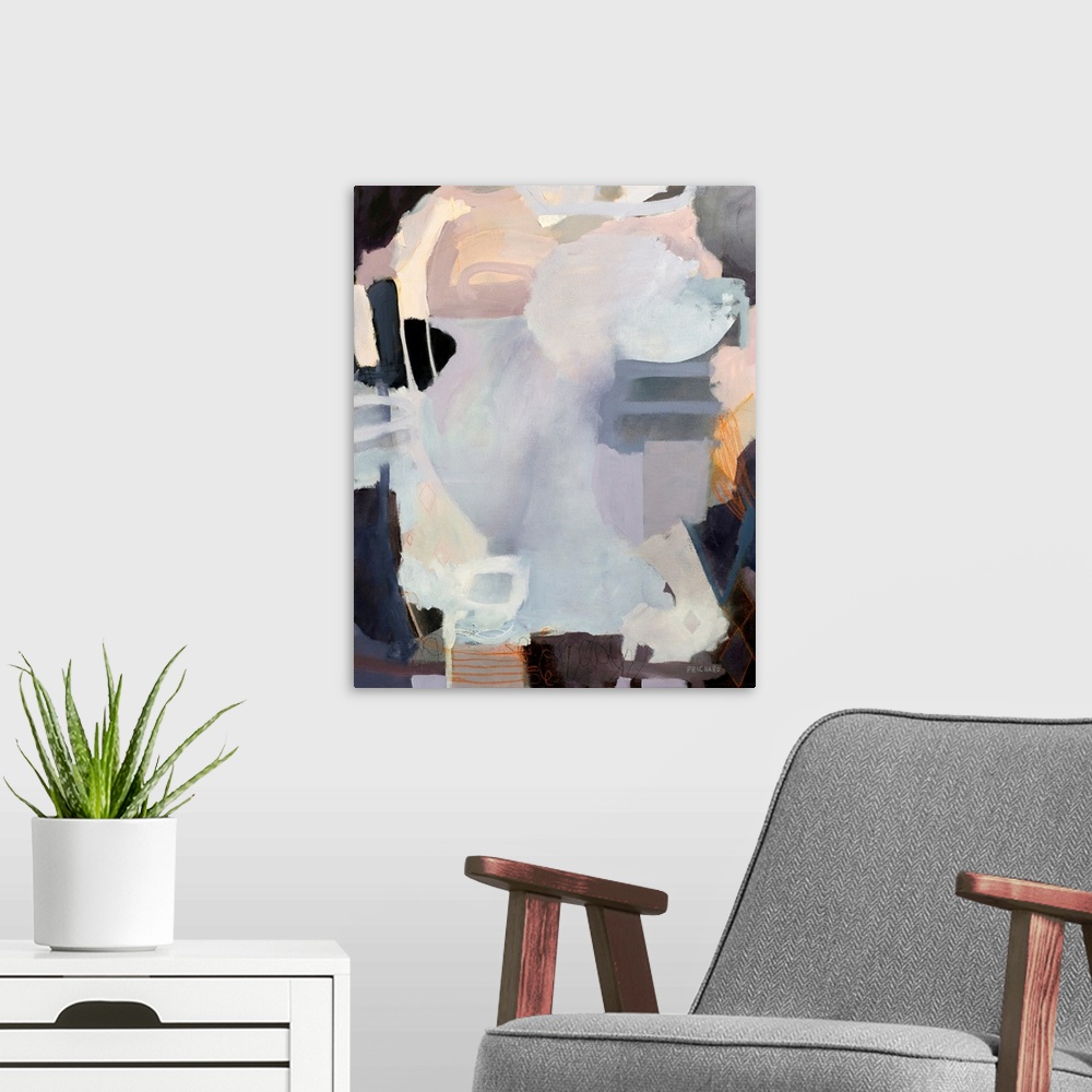 A modern room featuring Soft, muted lavender and pink create a geometric abstract arrangement.