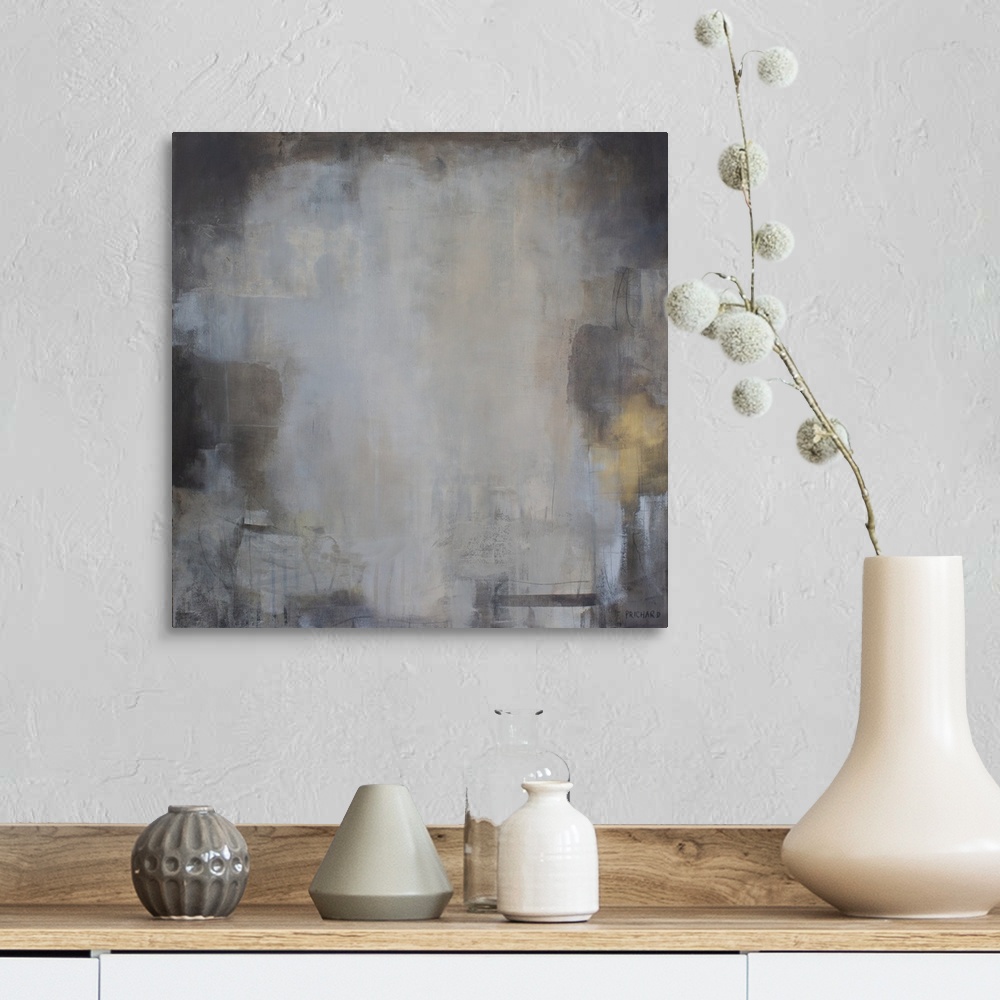 A farmhouse room featuring Modern abstract painting featuring  layers of neutral beige and white paint with subtle gold and ...