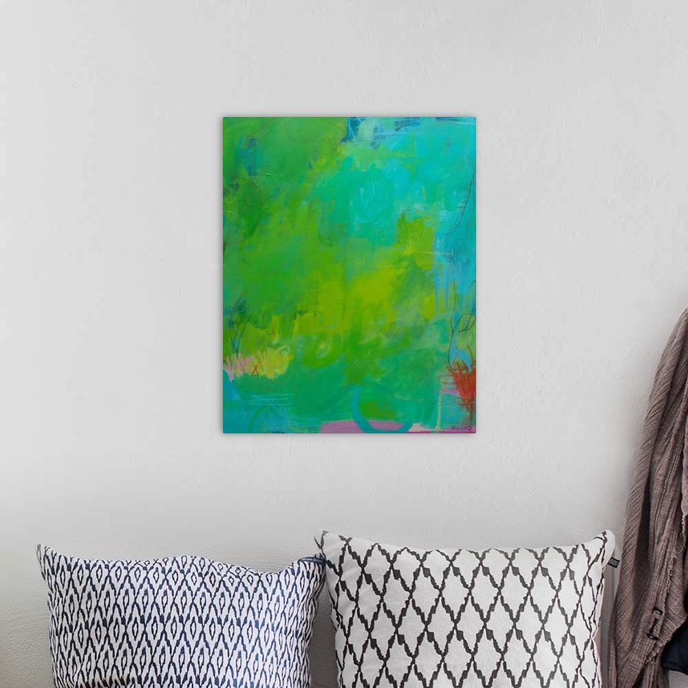 A bohemian room featuring Modern abstract with energetic teal and green paint layers. Exciting graphic marks call the viewe...