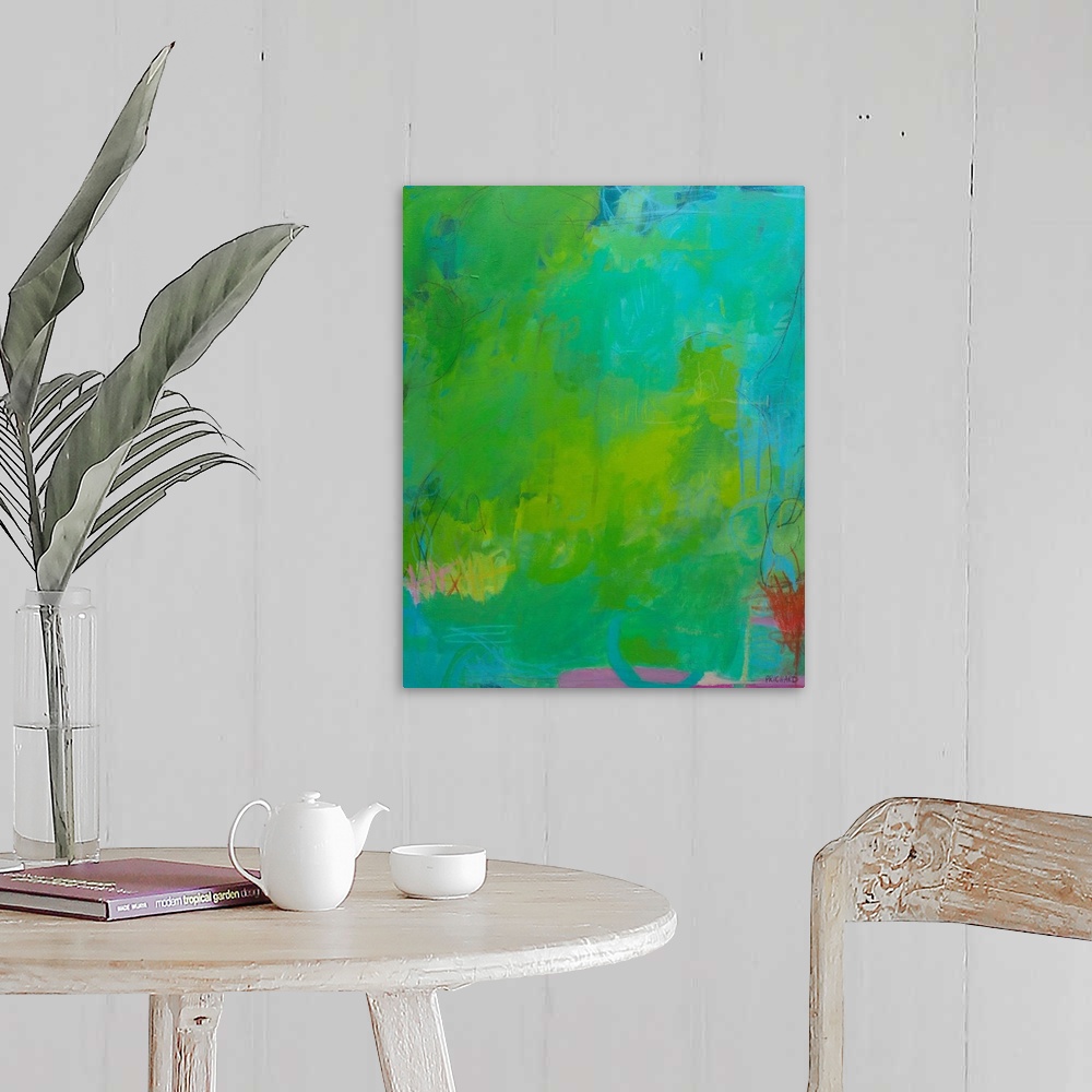 A farmhouse room featuring Modern abstract with energetic teal and green paint layers. Exciting graphic marks call the viewe...