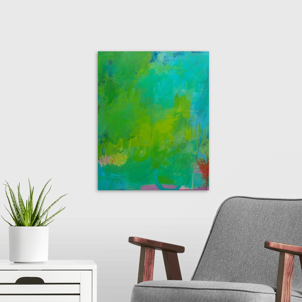 A modern room featuring Modern abstract with energetic teal and green paint layers. Exciting graphic marks call the viewe...