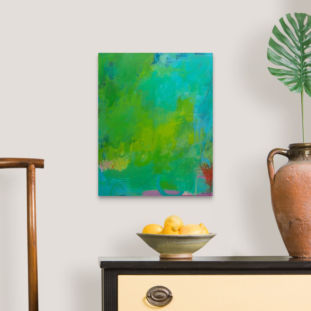 A traditional room featuring Modern abstract with energetic teal and green paint layers. Exciting graphic marks call the viewe...