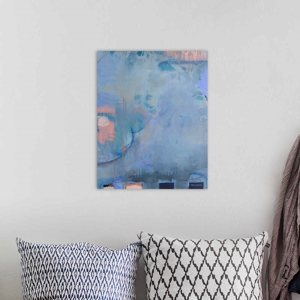 A bohemian room featuring Tranquil blues with grey and soft pink with graceful lines throughout this abstract painting.