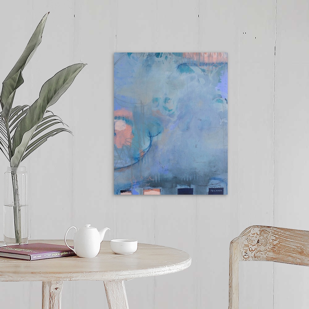 A farmhouse room featuring Tranquil blues with grey and soft pink with graceful lines throughout this abstract painting.