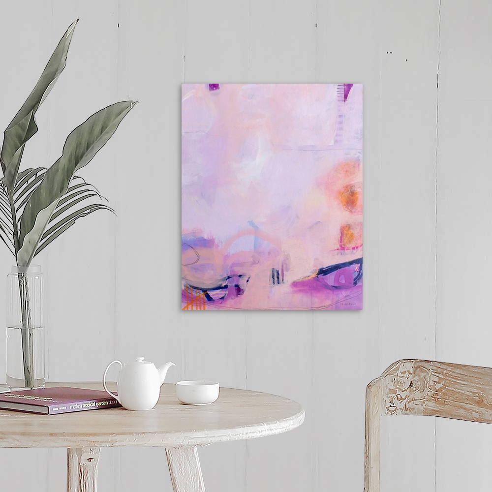 A farmhouse room featuring Playful blush orange and navy marks throughout a delicate abstract painting.
