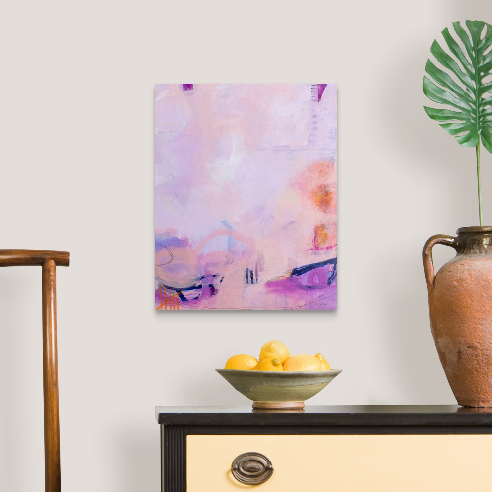 A traditional room featuring Playful blush orange and navy marks throughout a delicate abstract painting.
