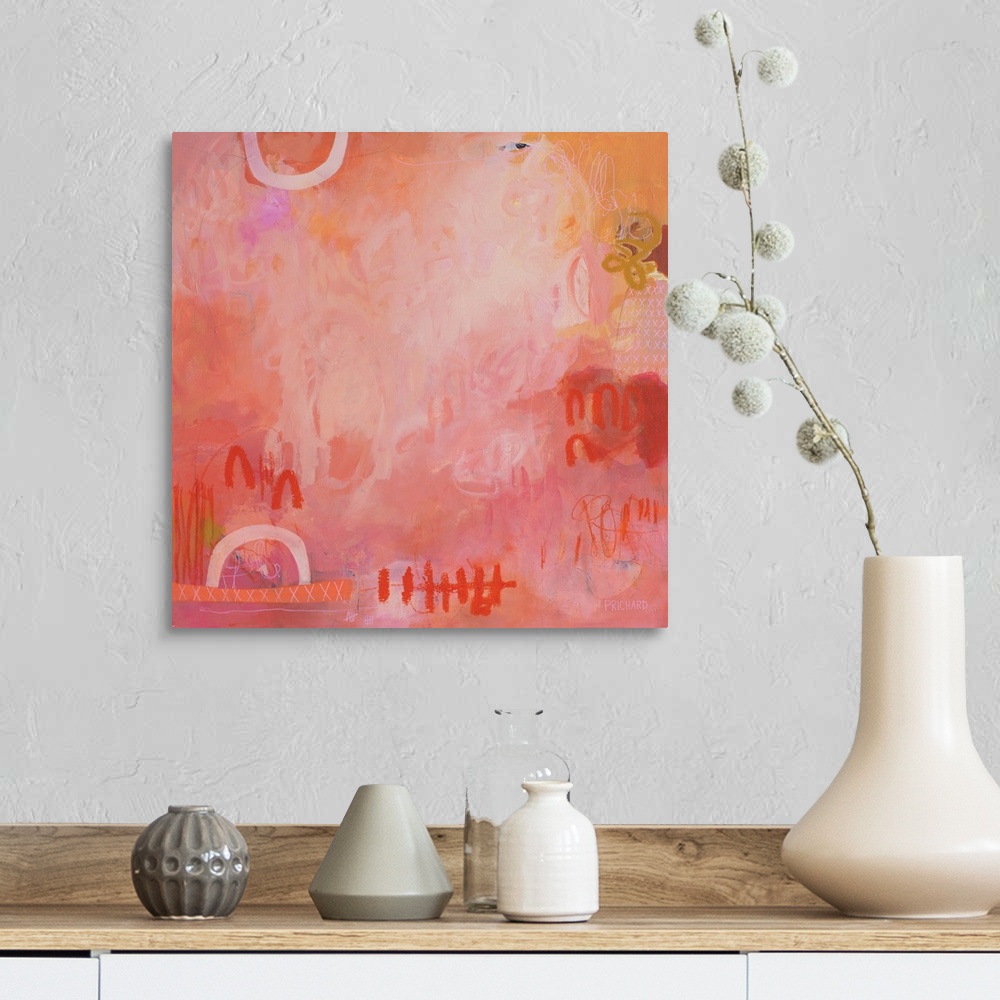 A farmhouse room featuring Powerful graphic designs surround energetic brush strokes in this bright, orangey pink abstract p...