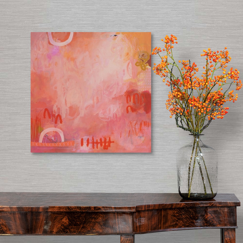 A traditional room featuring Powerful graphic designs surround energetic brush strokes in this bright, orangey pink abstract p...
