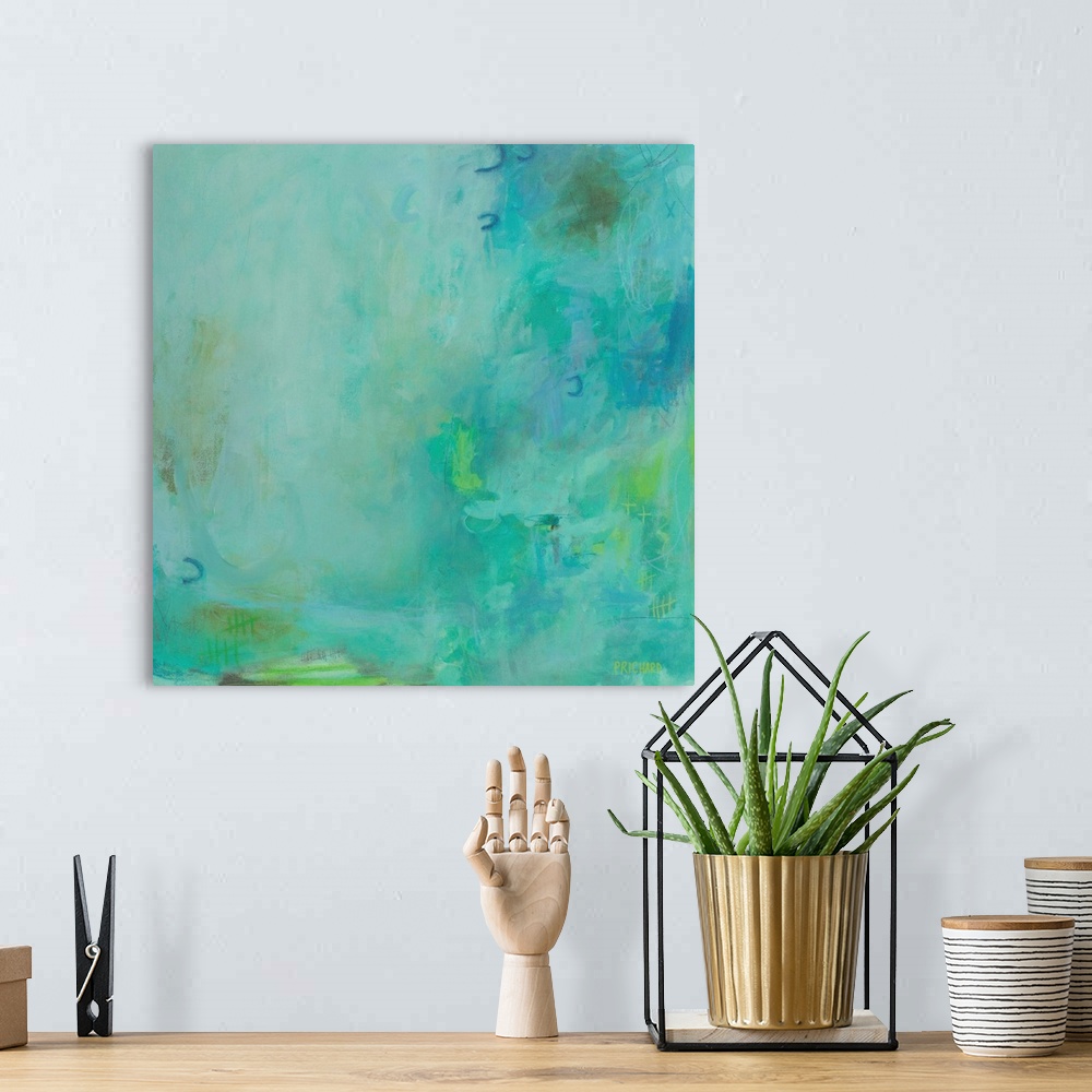 A bohemian room featuring Intricate layers of green paint create exciting movement in a contemporary abstract painting.