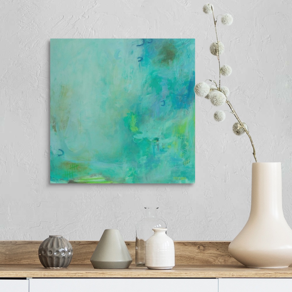 A farmhouse room featuring Intricate layers of green paint create exciting movement in a contemporary abstract painting.