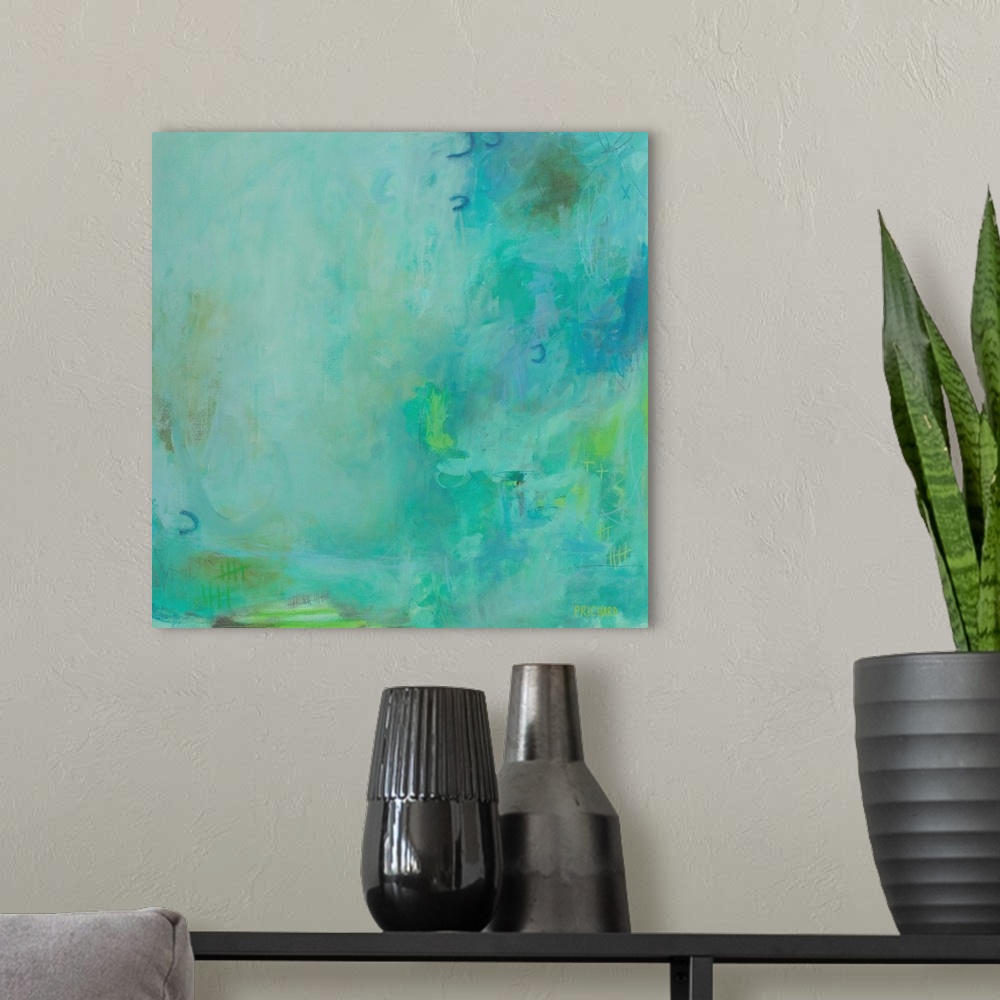 A modern room featuring Intricate layers of green paint create exciting movement in a contemporary abstract painting.