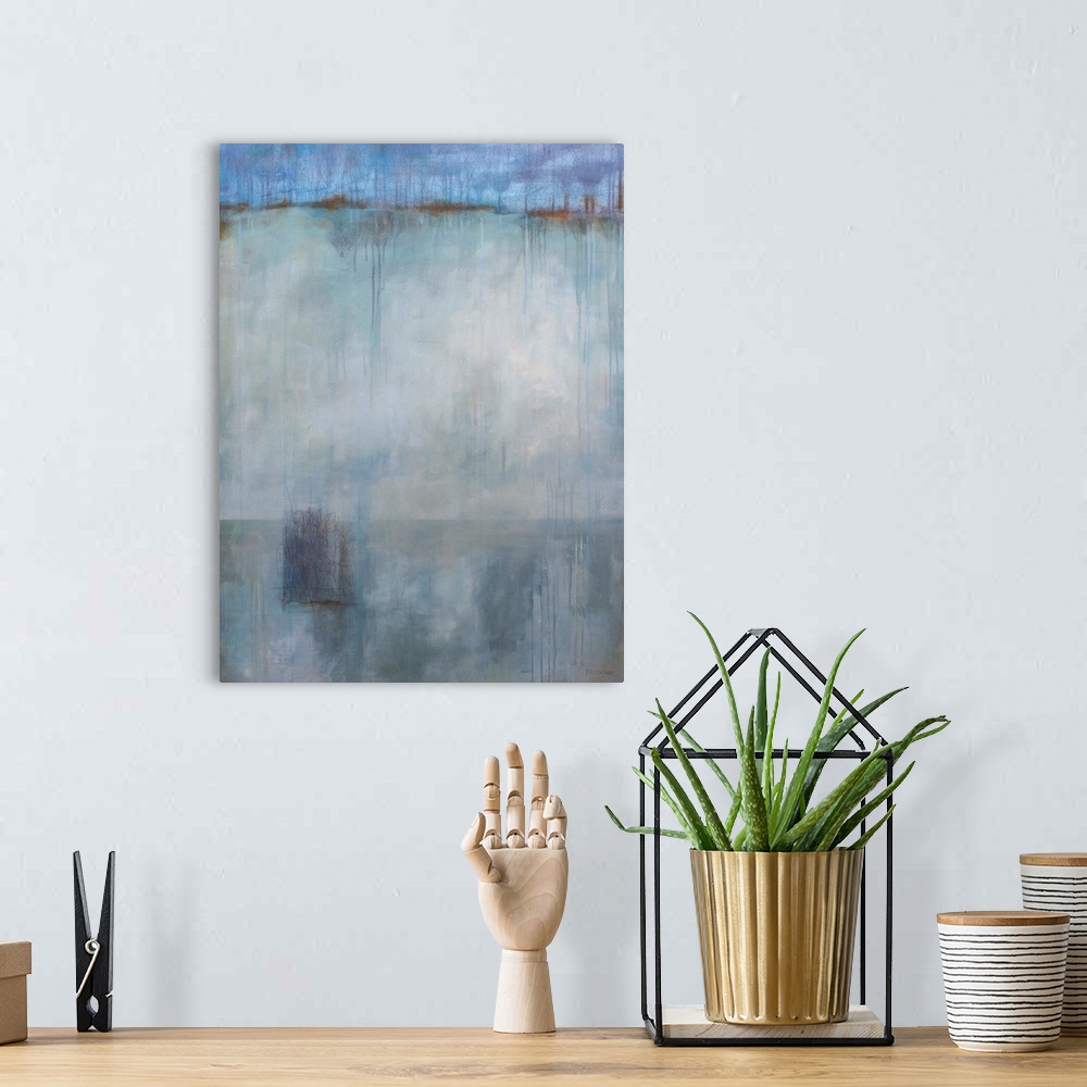 A bohemian room featuring Beautiful vertical lines sweep through a modern abstract painting featuring large rectangles of s...