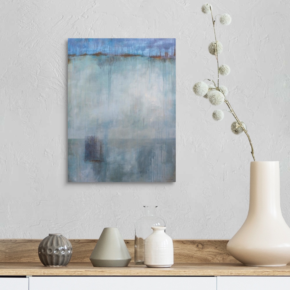 A farmhouse room featuring Beautiful vertical lines sweep through a modern abstract painting featuring large rectangles of s...