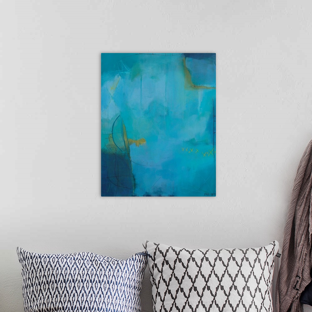 A bohemian room featuring Modern abstract painting with turquoise, yellow and bright blues.