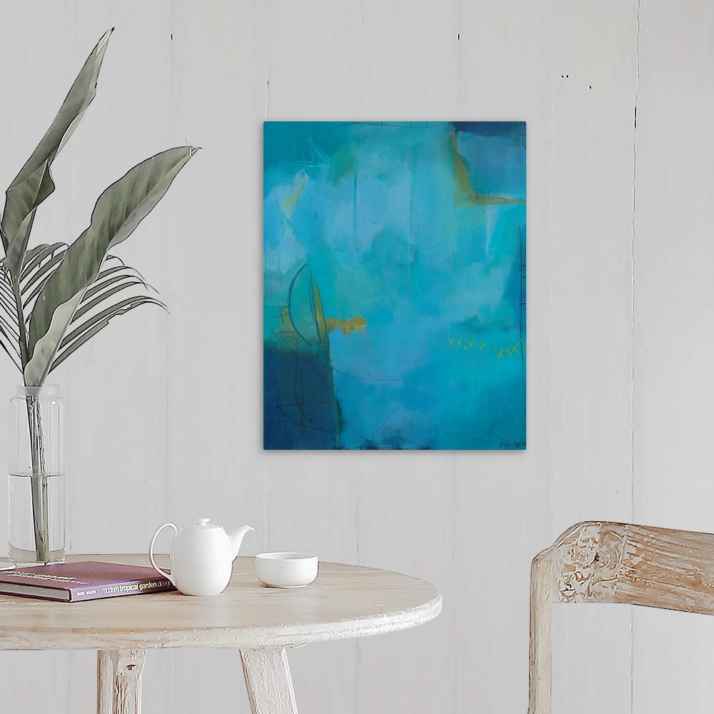 A farmhouse room featuring Modern abstract painting with turquoise, yellow and bright blues.