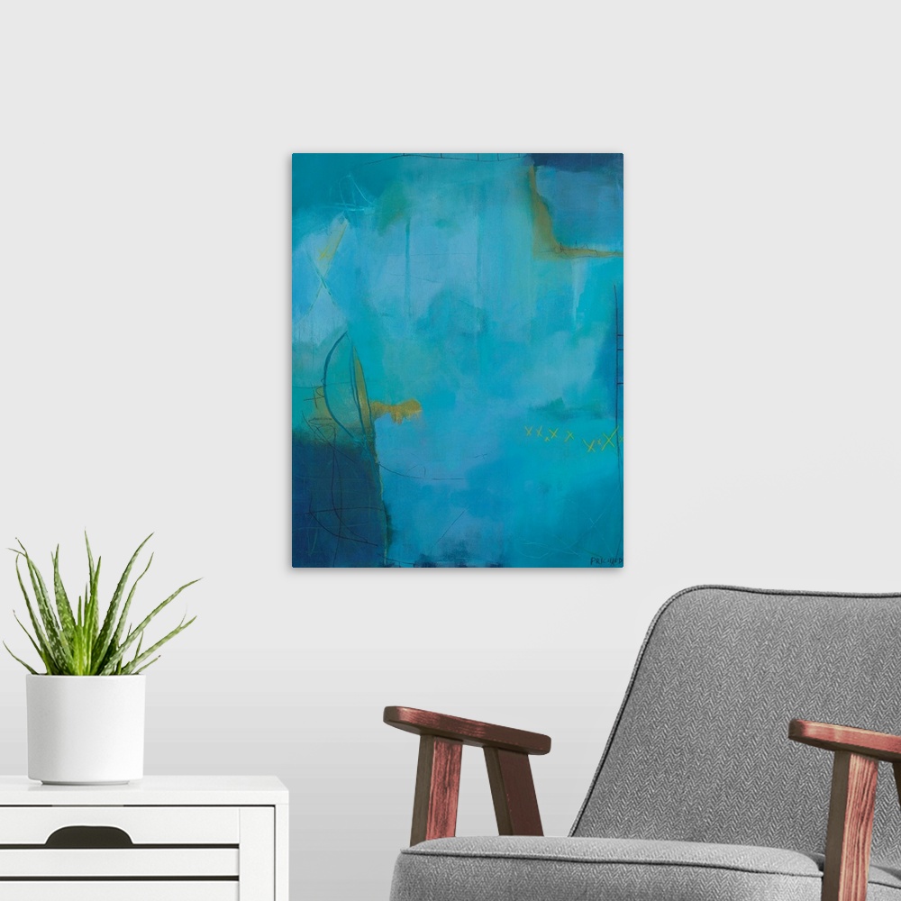 A modern room featuring Modern abstract painting with turquoise, yellow and bright blues.