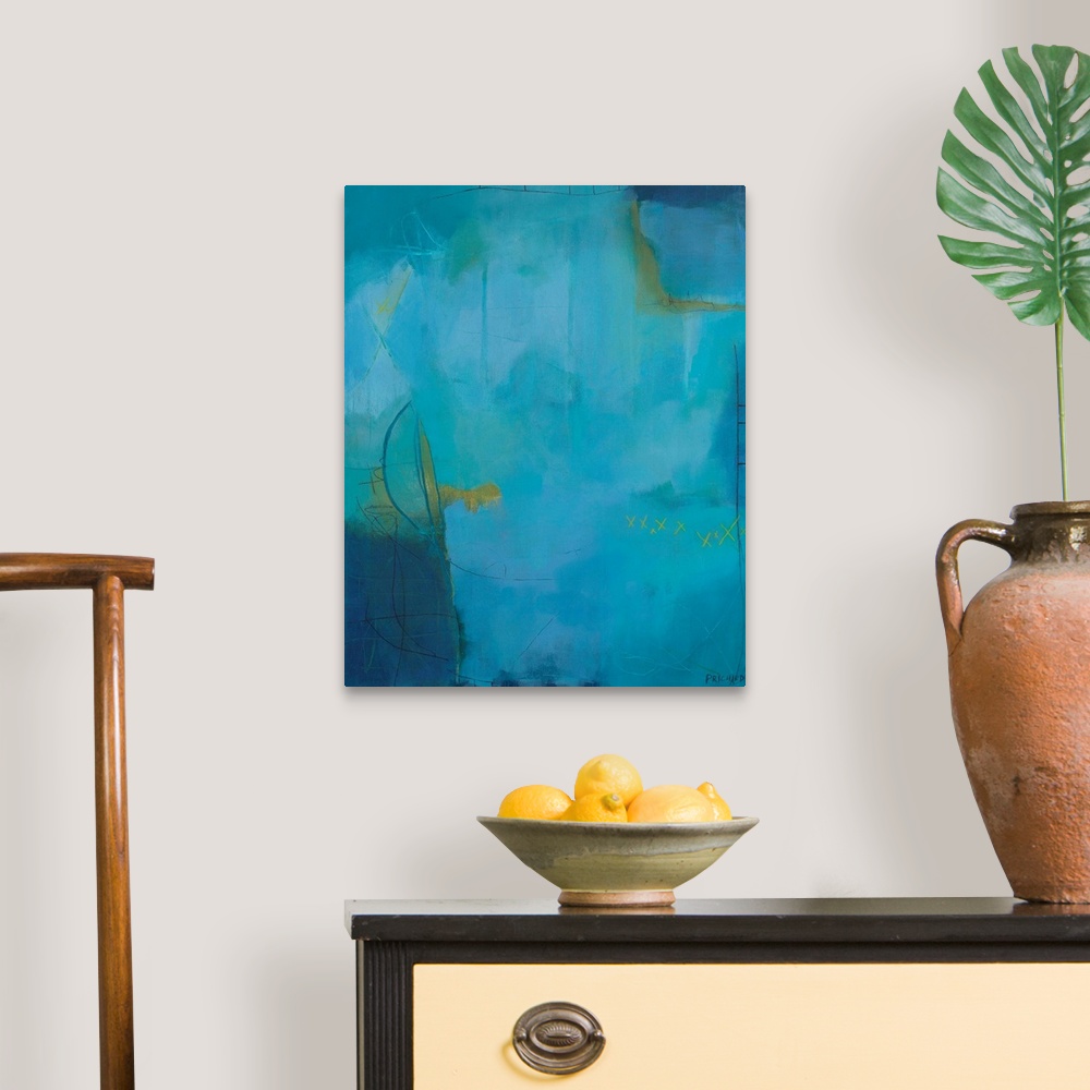 A traditional room featuring Modern abstract painting with turquoise, yellow and bright blues.