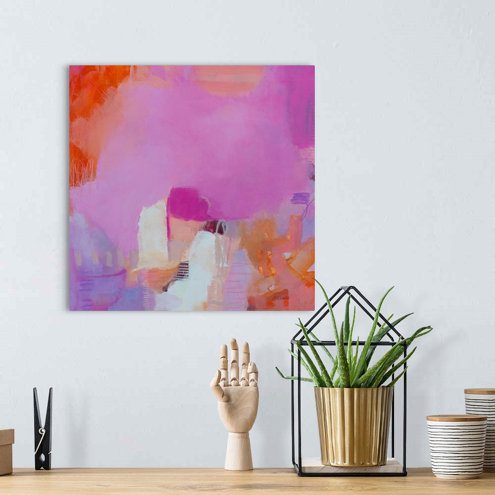 A bohemian room featuring Bright, happy abstract painting with magenta, bright orange and creamy neutrals.