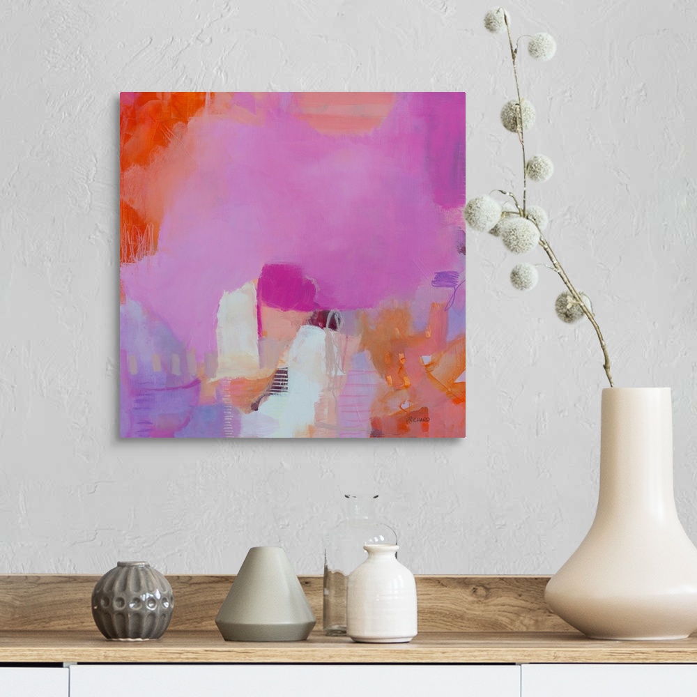 A farmhouse room featuring Bright, happy abstract painting with magenta, bright orange and creamy neutrals.