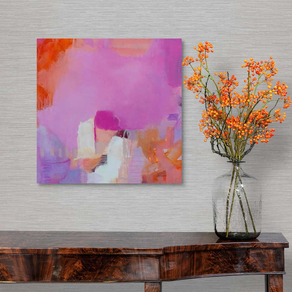 A traditional room featuring Bright, happy abstract painting with magenta, bright orange and creamy neutrals.