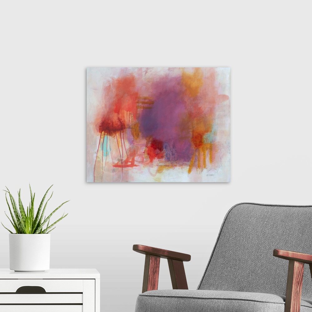 A modern room featuring Watercolor like hues collide with mark making and expressionist strokes of color.