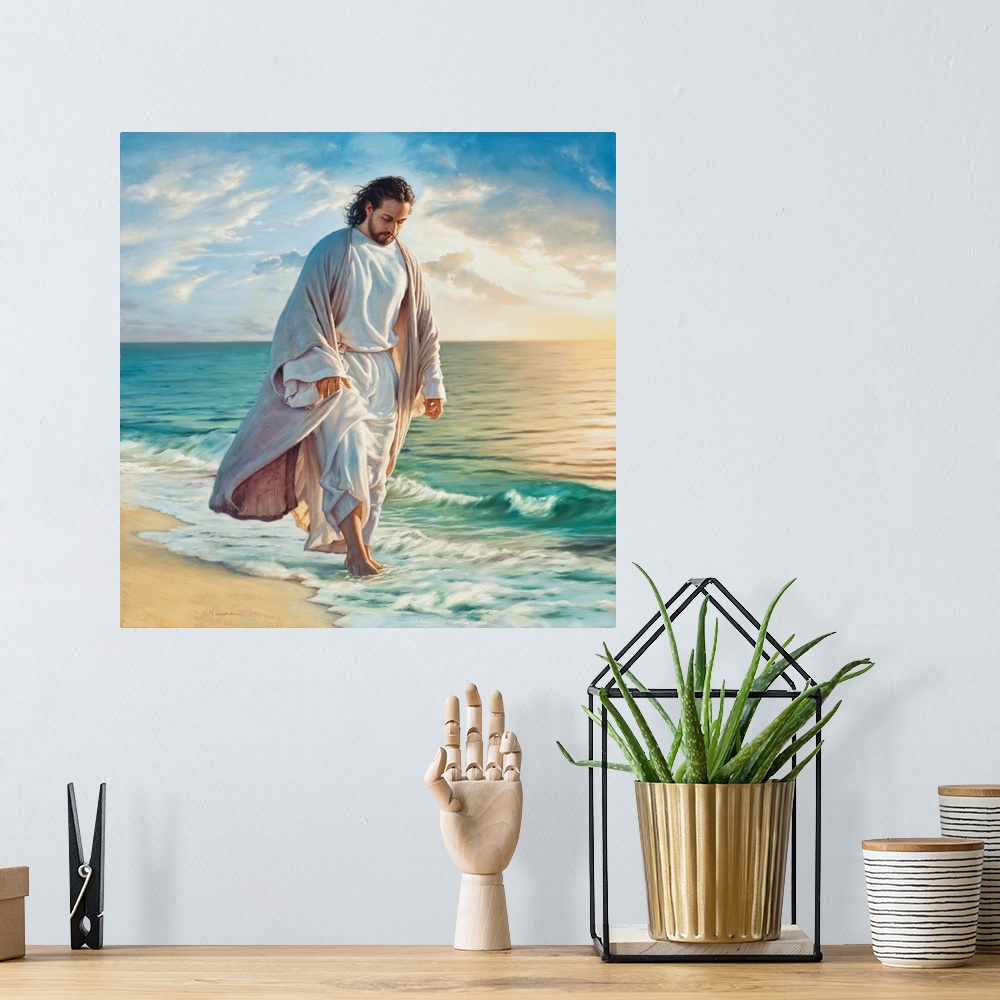 A bohemian room featuring Fine Art painting of Jesus walking in the edge of the surf on a beach.