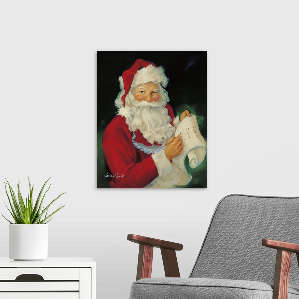 A modern room featuring Portrait of Santa Claus reading a list.