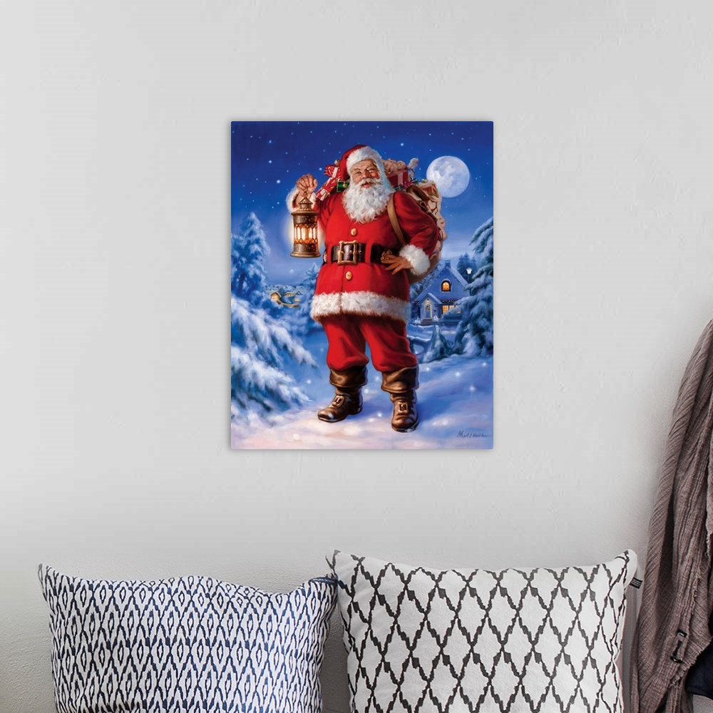 A bohemian room featuring Contemporary painting of Santa Claus in a snowy Winter scene.