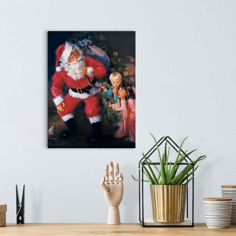 A bohemian room featuring Painting of Santa Claus delivering toys to two surprised children.