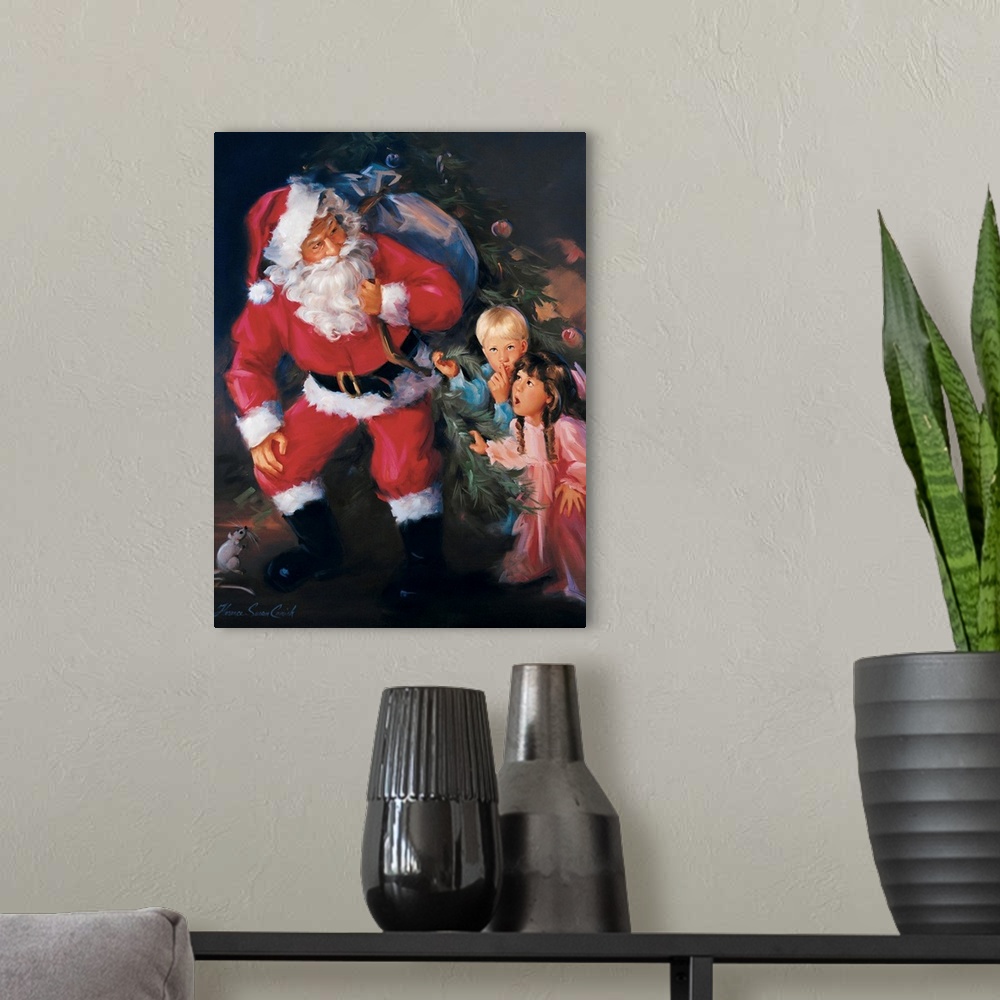 A modern room featuring Painting of Santa Claus delivering toys to two surprised children.