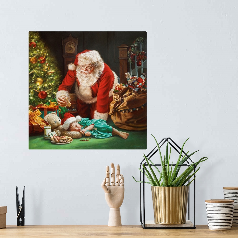 A bohemian room featuring Santa taking a cookie by sleeping little girl.