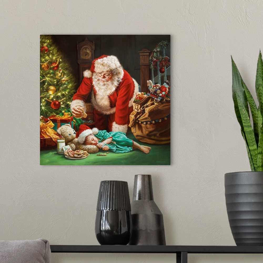 A modern room featuring Santa taking a cookie by sleeping little girl.