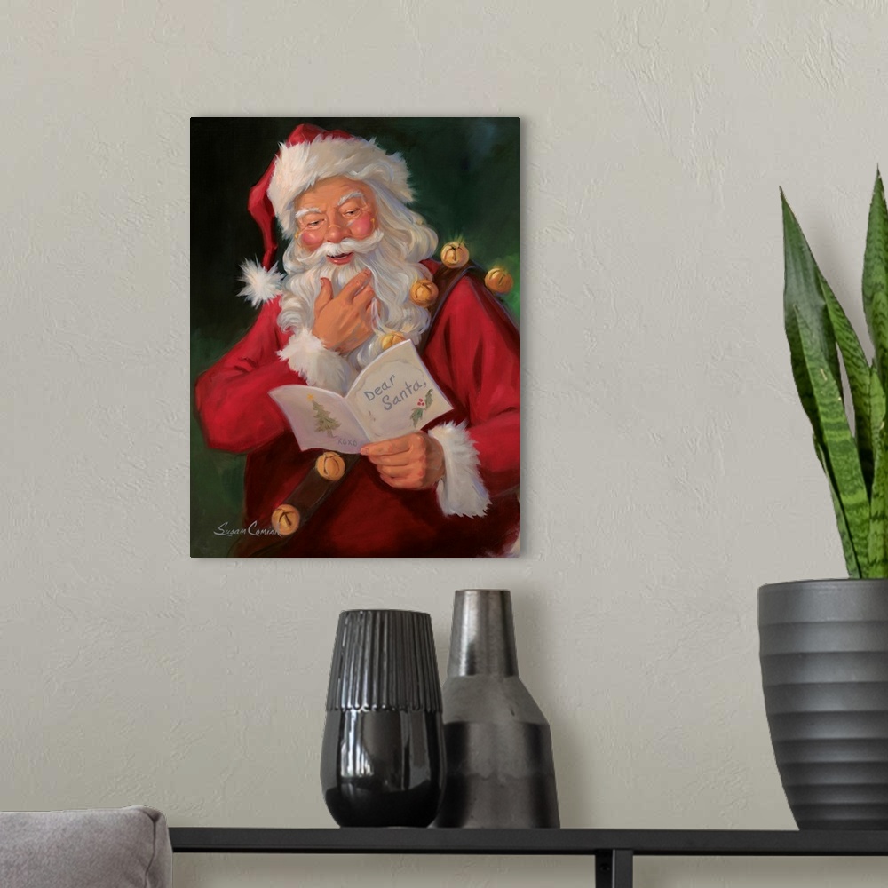 A modern room featuring Painting of Santa Claus smiling while reading a note.