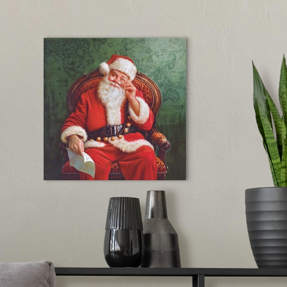 A modern room featuring Portrait of Santa sitting in a chair holding a letter.