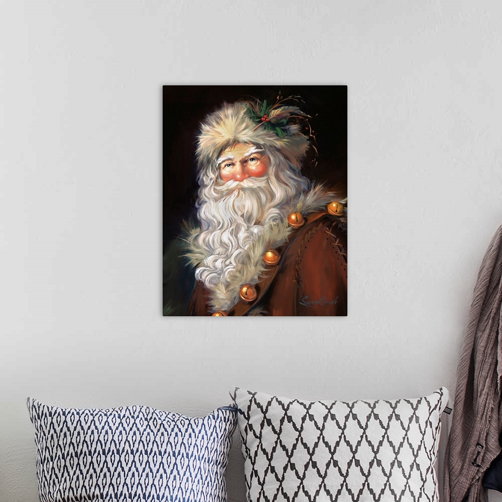 A bohemian room featuring Fine art painting of Santa Claus wearing a fur hat and jacket.