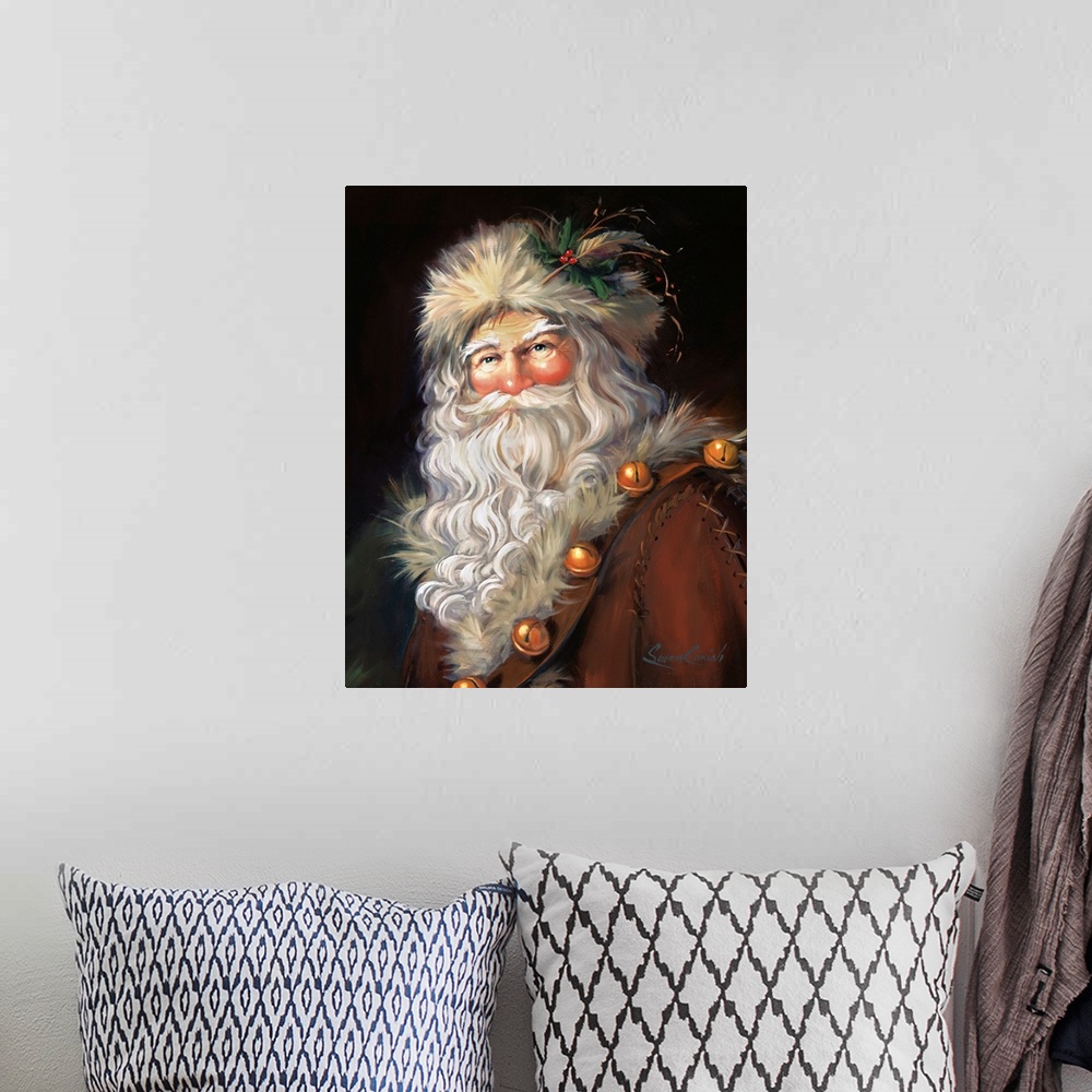 A bohemian room featuring Fine art painting of Santa Claus wearing a fur hat and jacket.