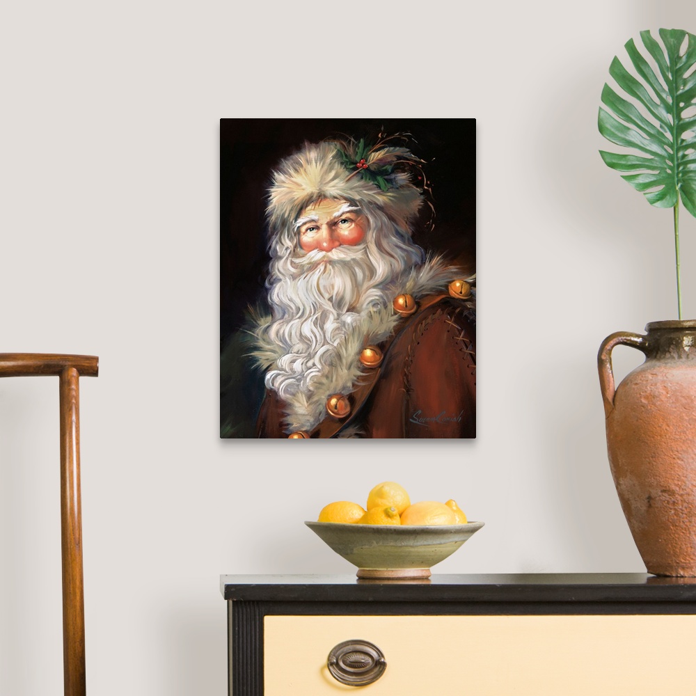 A traditional room featuring Fine art painting of Santa Claus wearing a fur hat and jacket.
