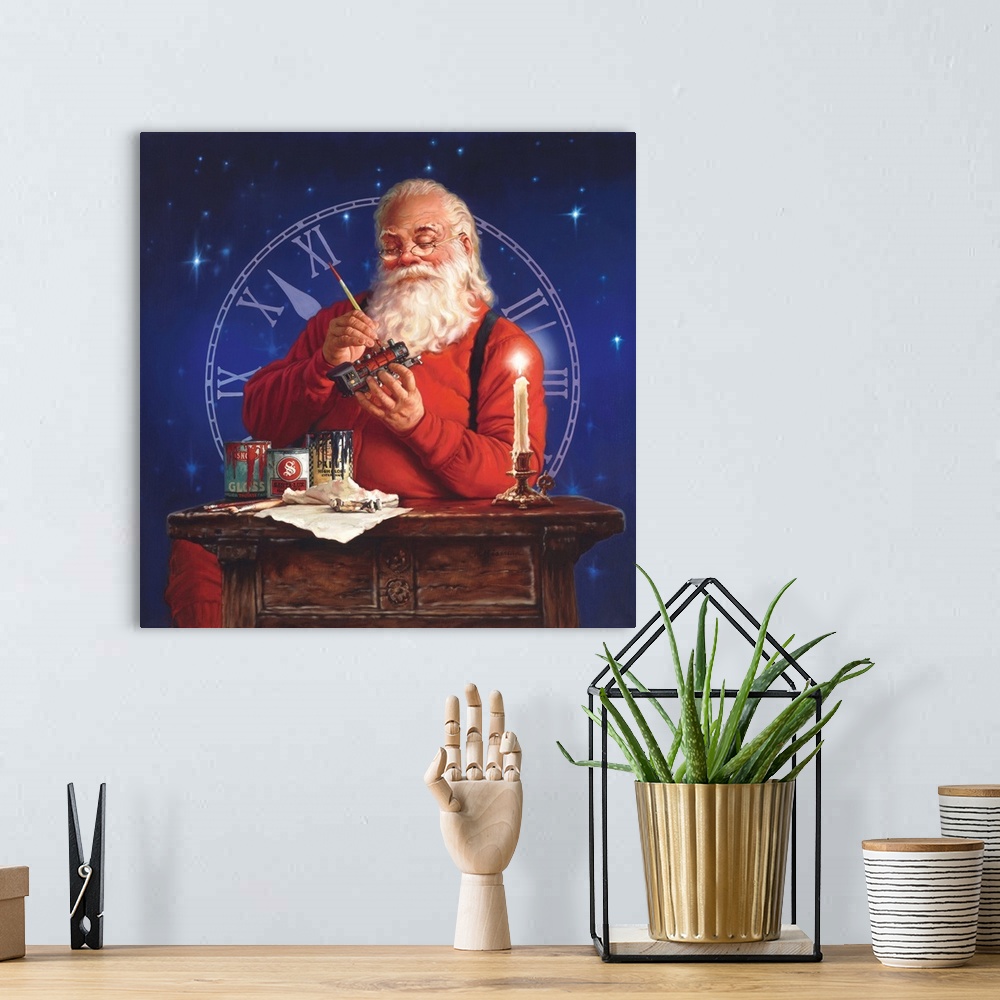 A bohemian room featuring Portrait of Santa working on a toy train with a clock in the background.