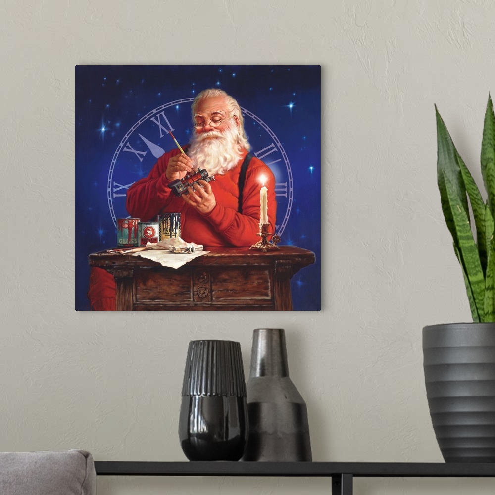 A modern room featuring Portrait of Santa working on a toy train with a clock in the background.